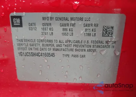 2012 Chevrolet Sonic 2Lt from USA, damaged, VIN 1G1JC5SH4C4160545